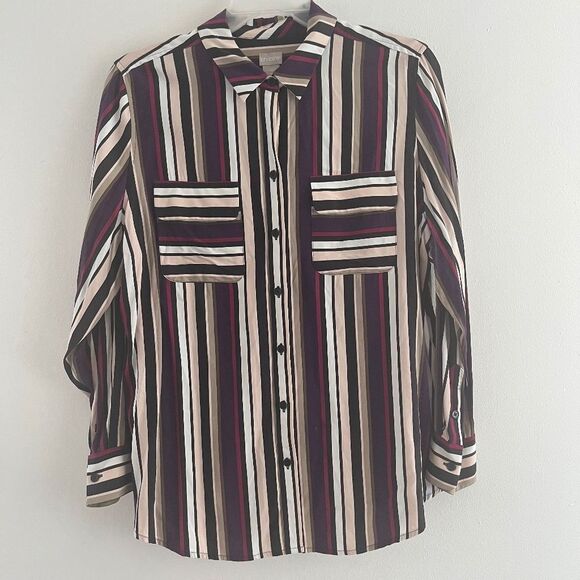 Chico’s Blouse Women Top Sz 2 long sleeve pockets Large button down Burgundy - Picture 1 of 12